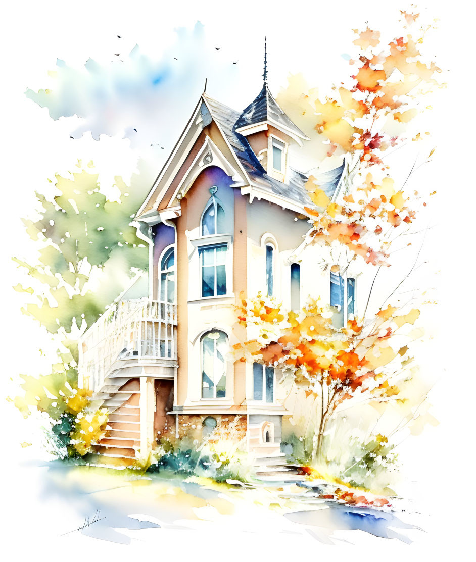 Victorian house in autumn foliage watercolor painting