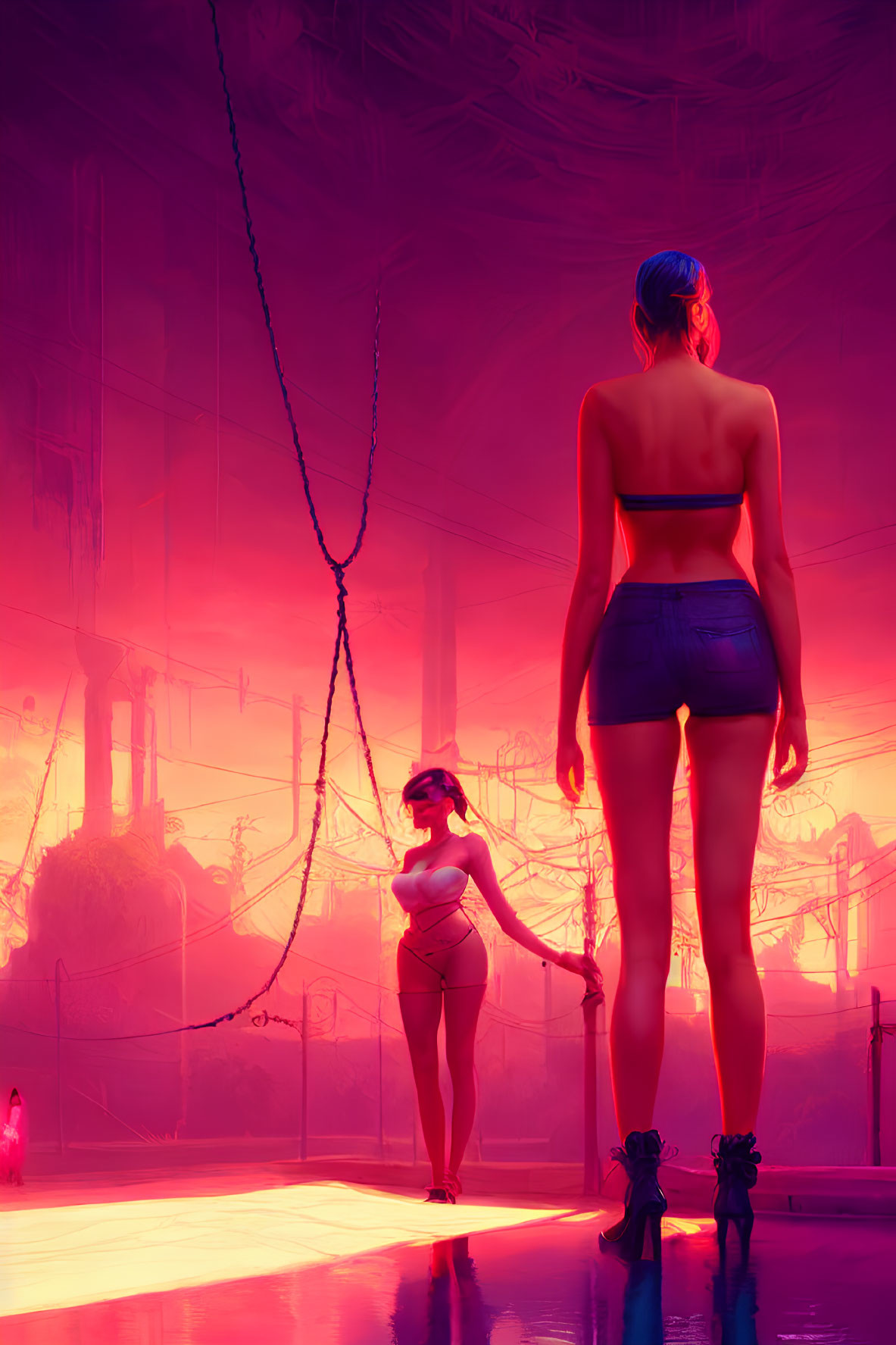 Two Women on Dock in Neon-Lit Crimson Environment