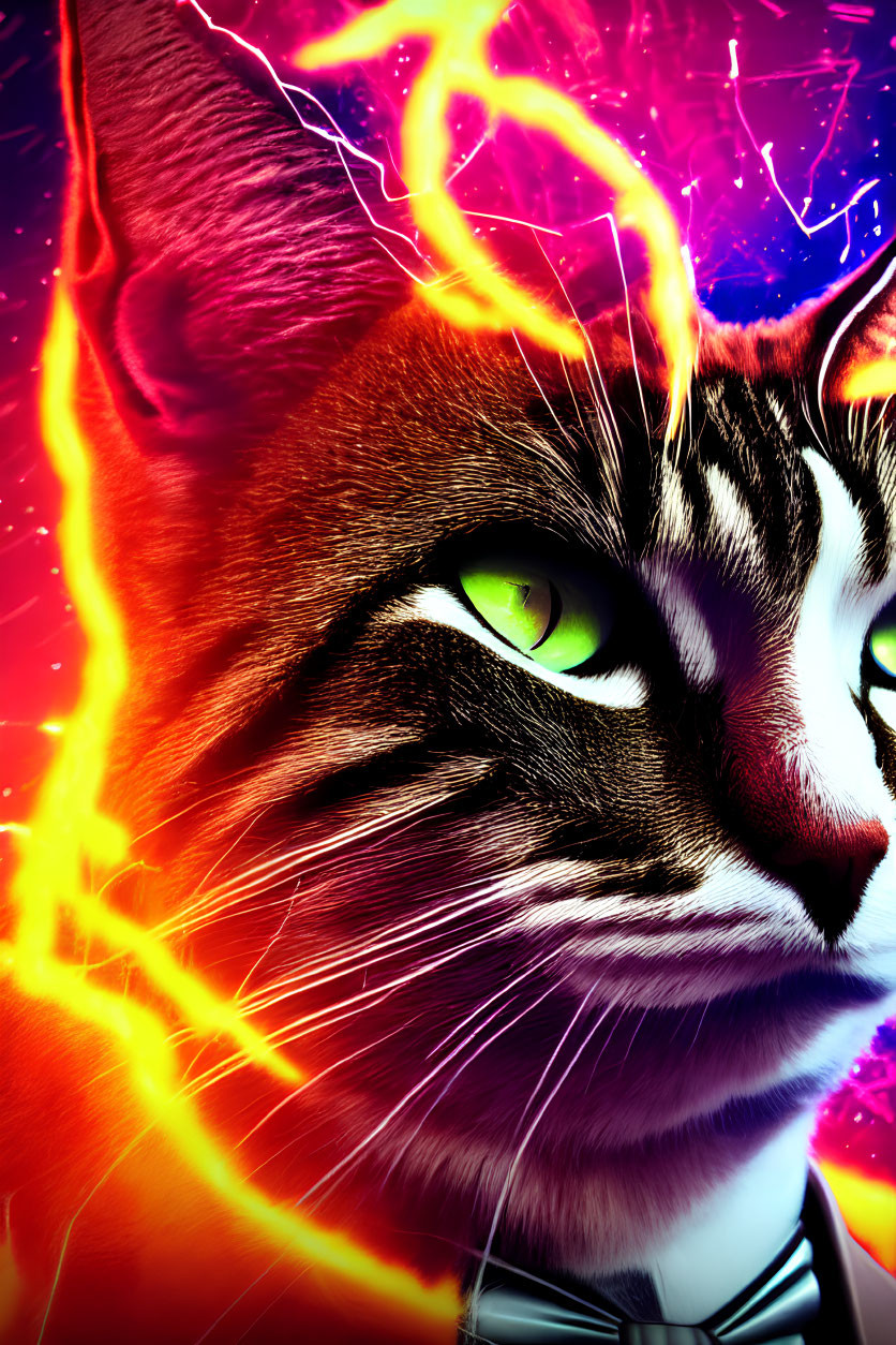 Digitally altered cat image with red and blue fiery background.