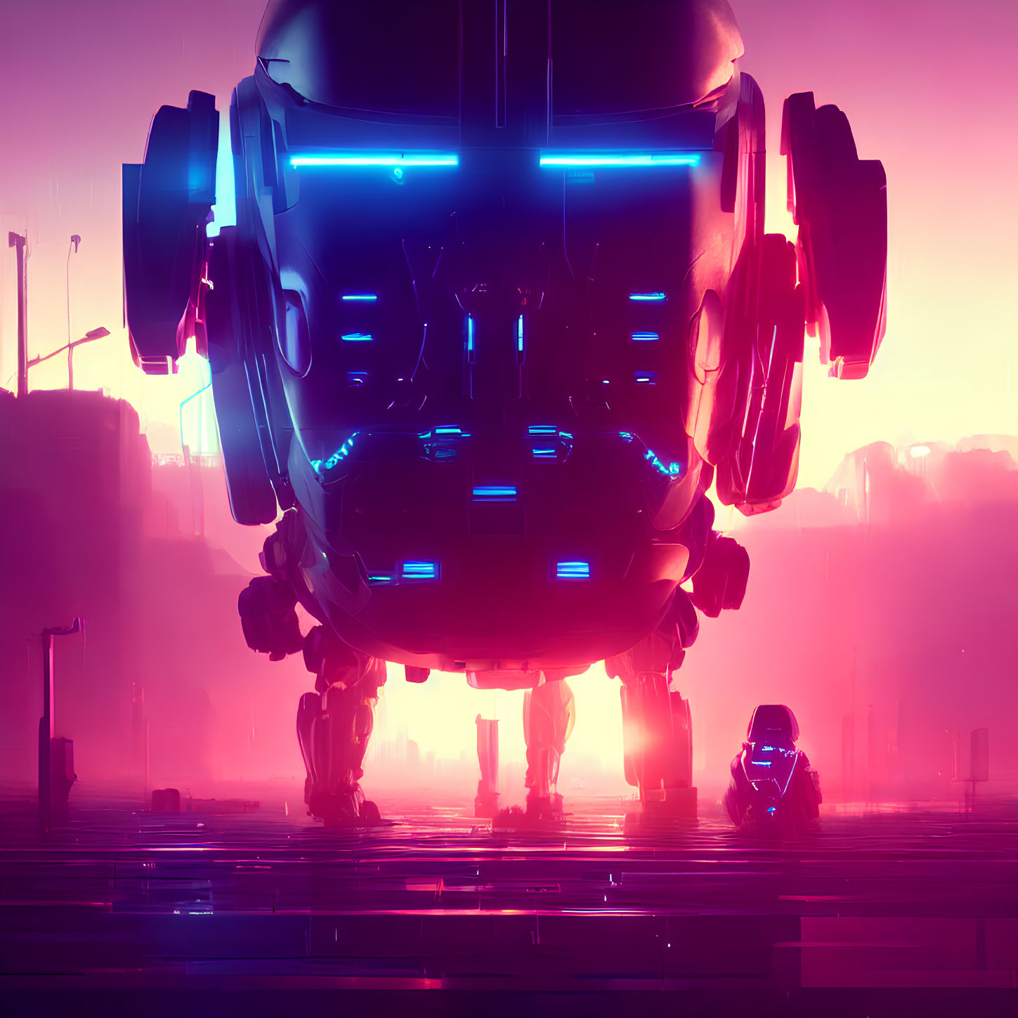 Glowing blue lights on futuristic robot in neon-lit city