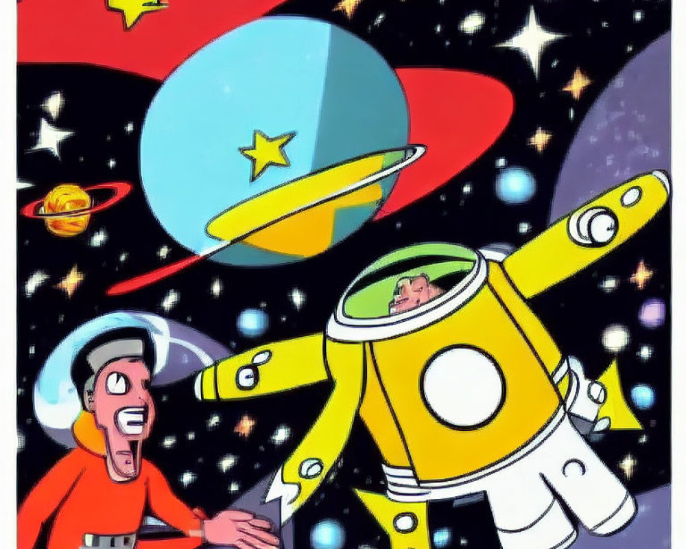 Surprised astronaut in space with yellow spaceship and colorful planets