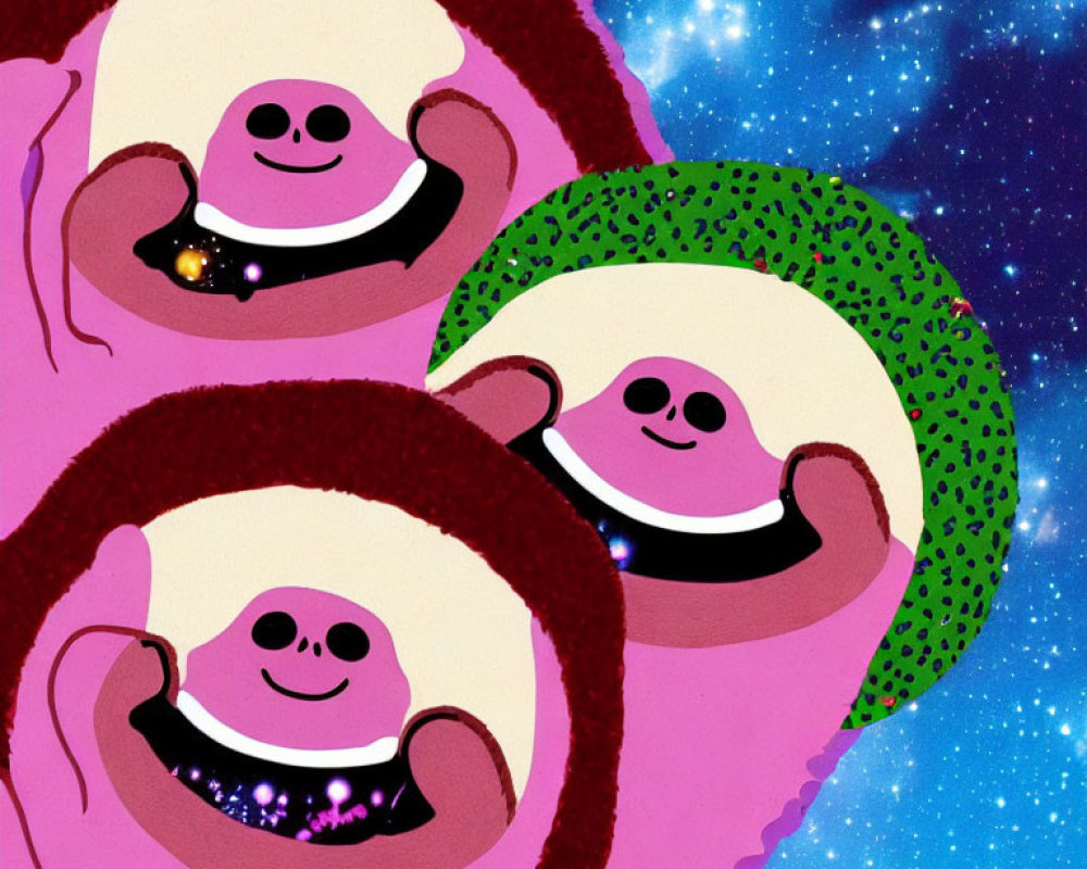 Cartoon sloths in space with colorful planets and galaxy backdrop.