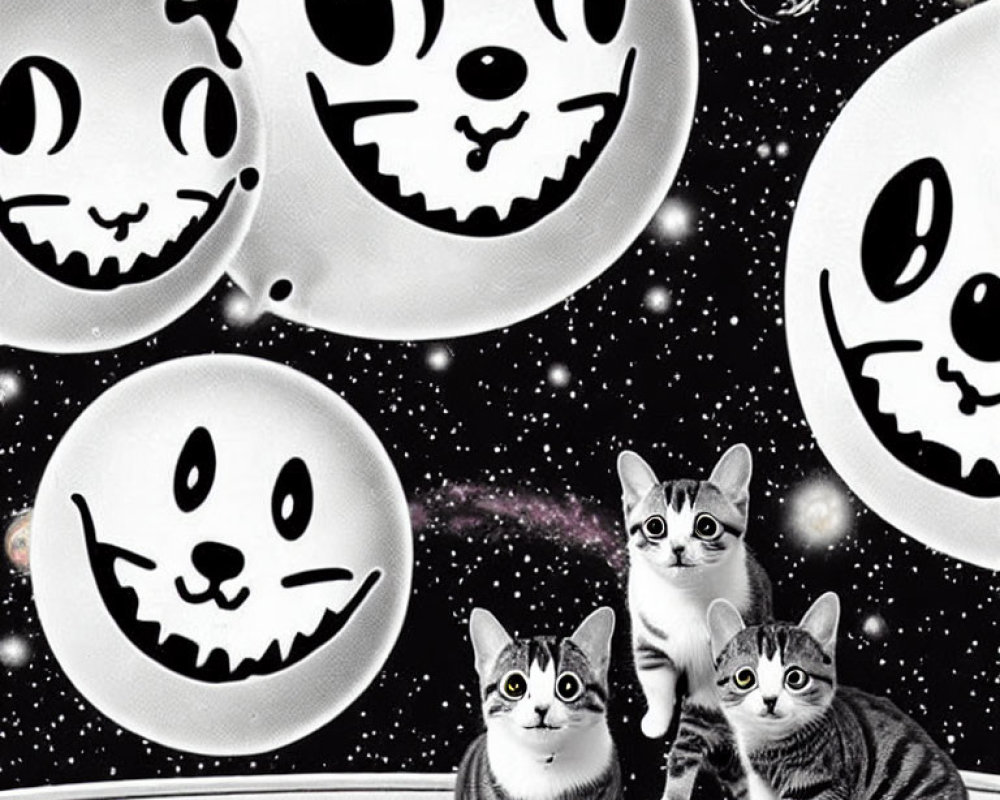 Black and White Cats in Whimsical Setting with Cat-Face Orbs