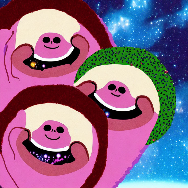 Cartoon sloths in space with colorful planets and galaxy backdrop.