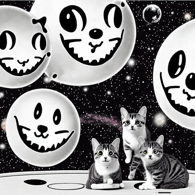 Black and White Cats in Whimsical Setting with Cat-Face Orbs