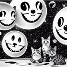 Black and White Cats in Whimsical Setting with Cat-Face Orbs