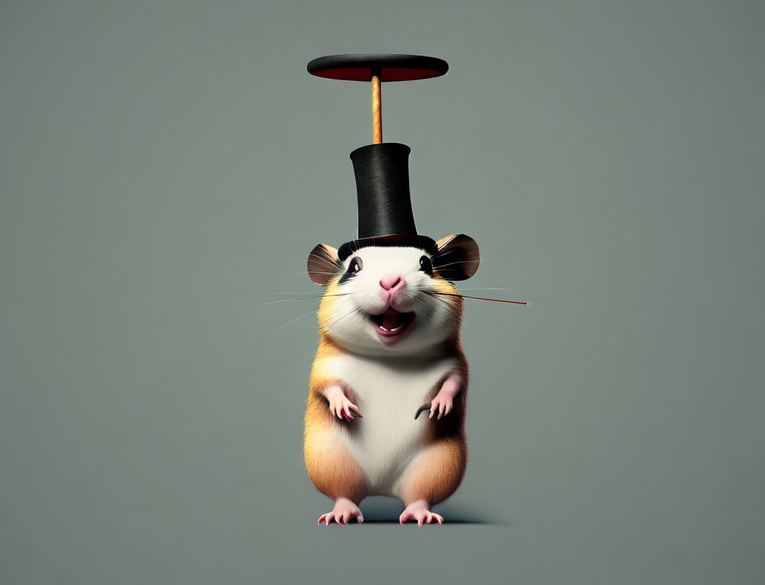 Anthropomorphized hamster in magician attire performing trick