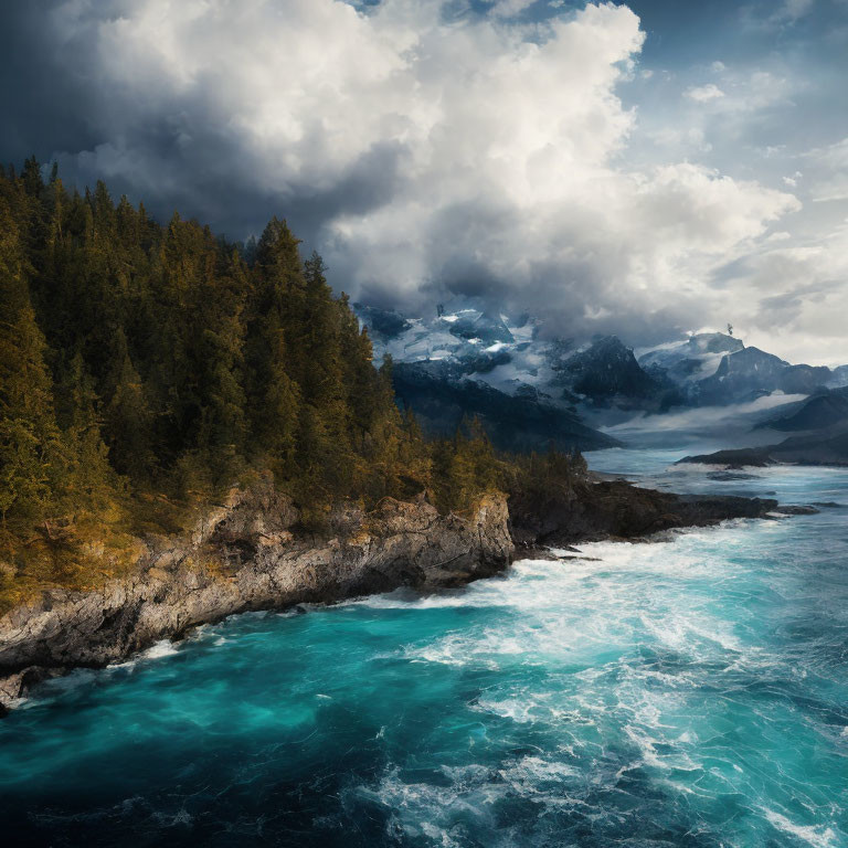 Turquoise Waters and Snow-Capped Mountains in Coastal Landscape