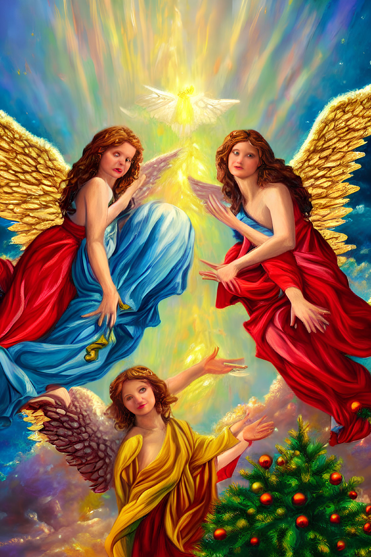 Colorful Robed Angels Ascend Beside Christmas Tree