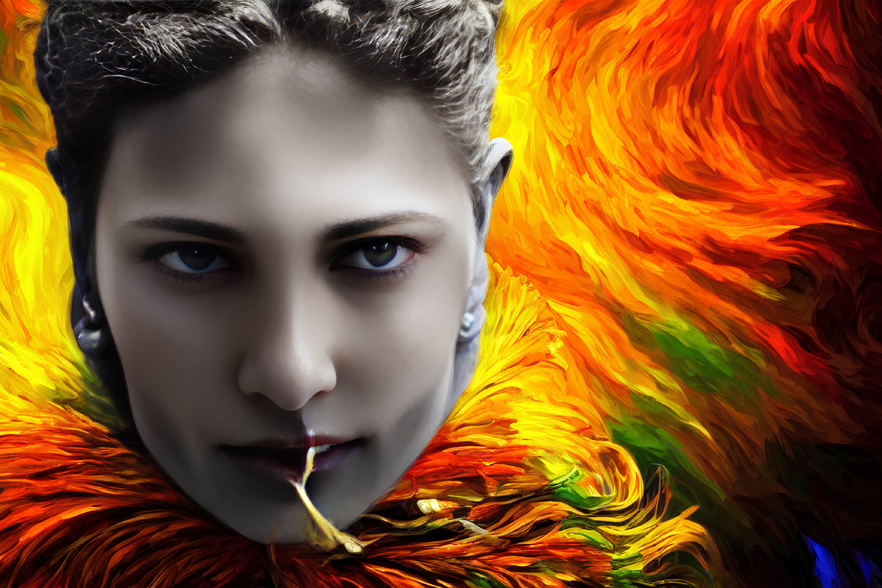 Face in vibrant fire-like burst with intense eyes and feather.
