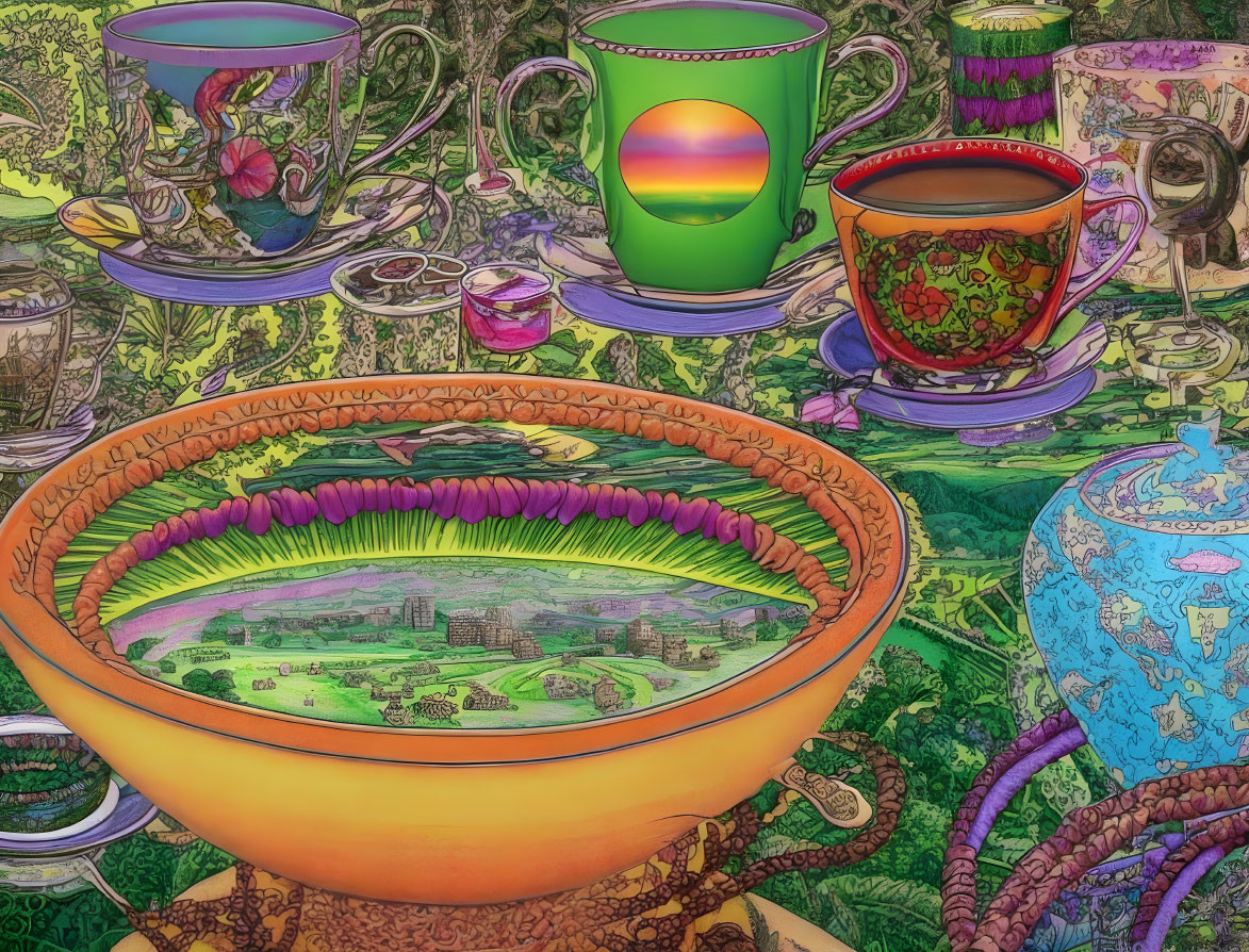 Vibrant surrealist teacup illustration with cityscape and globe on tablecloth