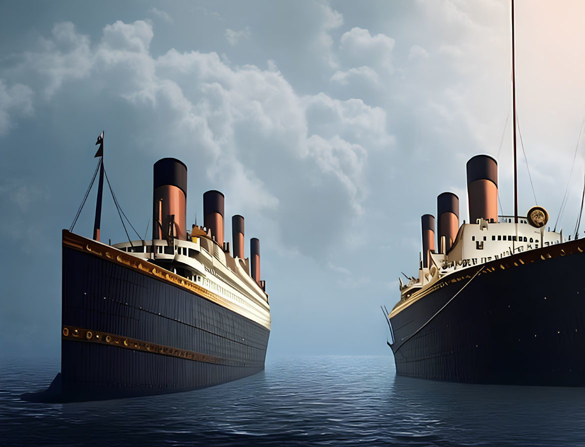 Vintage ocean liners mirroring each other at sea under cloudy sky