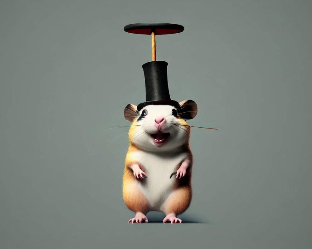 Anthropomorphized hamster in magician attire performing trick