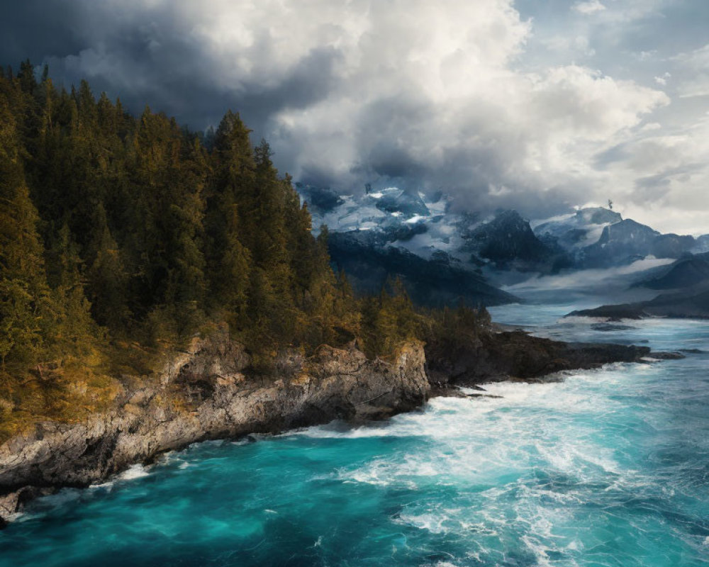 Turquoise Waters and Snow-Capped Mountains in Coastal Landscape