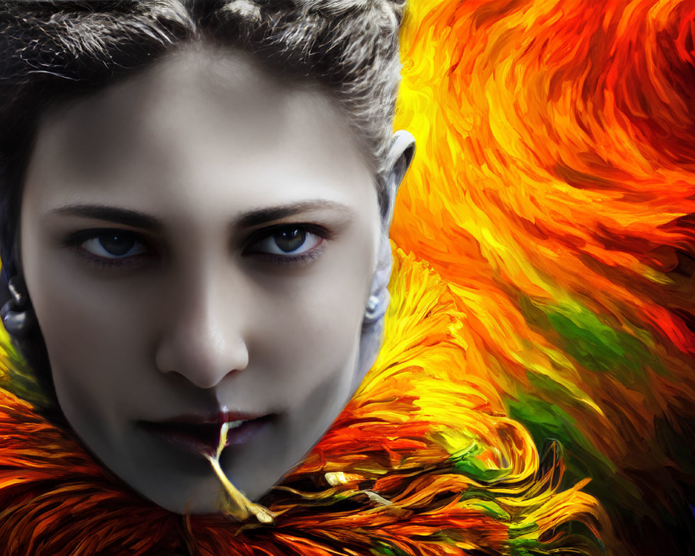 Face in vibrant fire-like burst with intense eyes and feather.