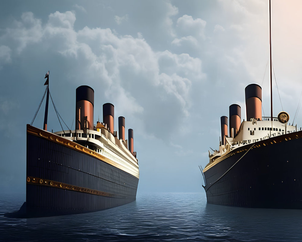 Vintage ocean liners mirroring each other at sea under cloudy sky