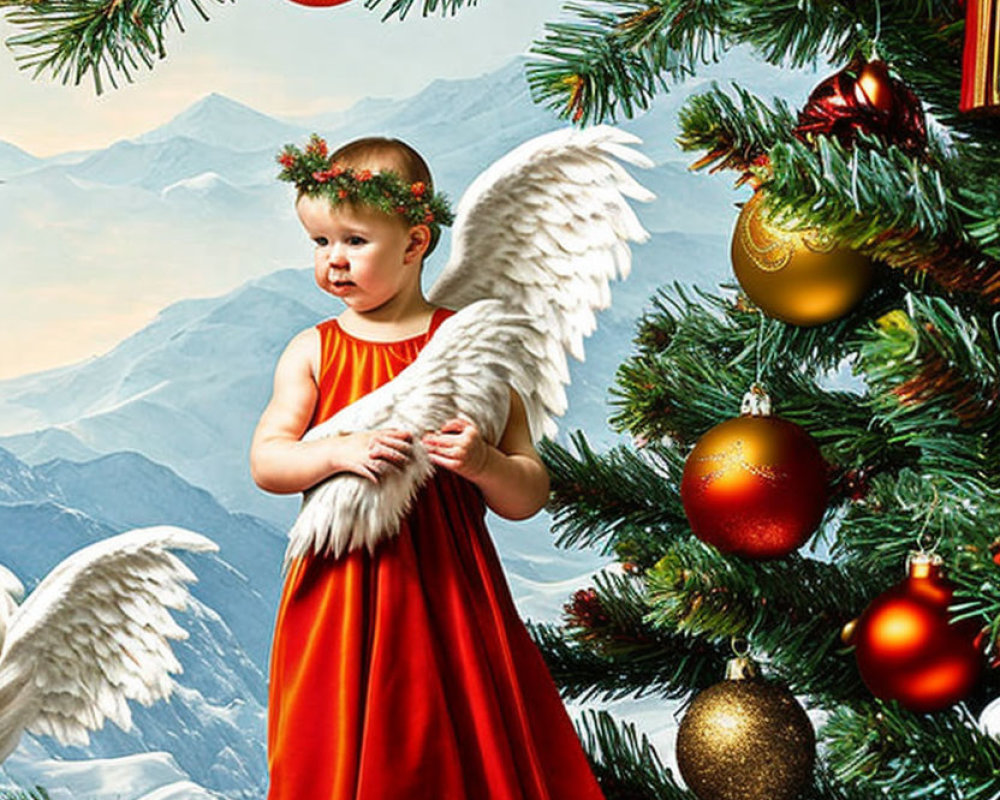 Child in angel costume by Christmas tree with red and gold ornaments and mountain view