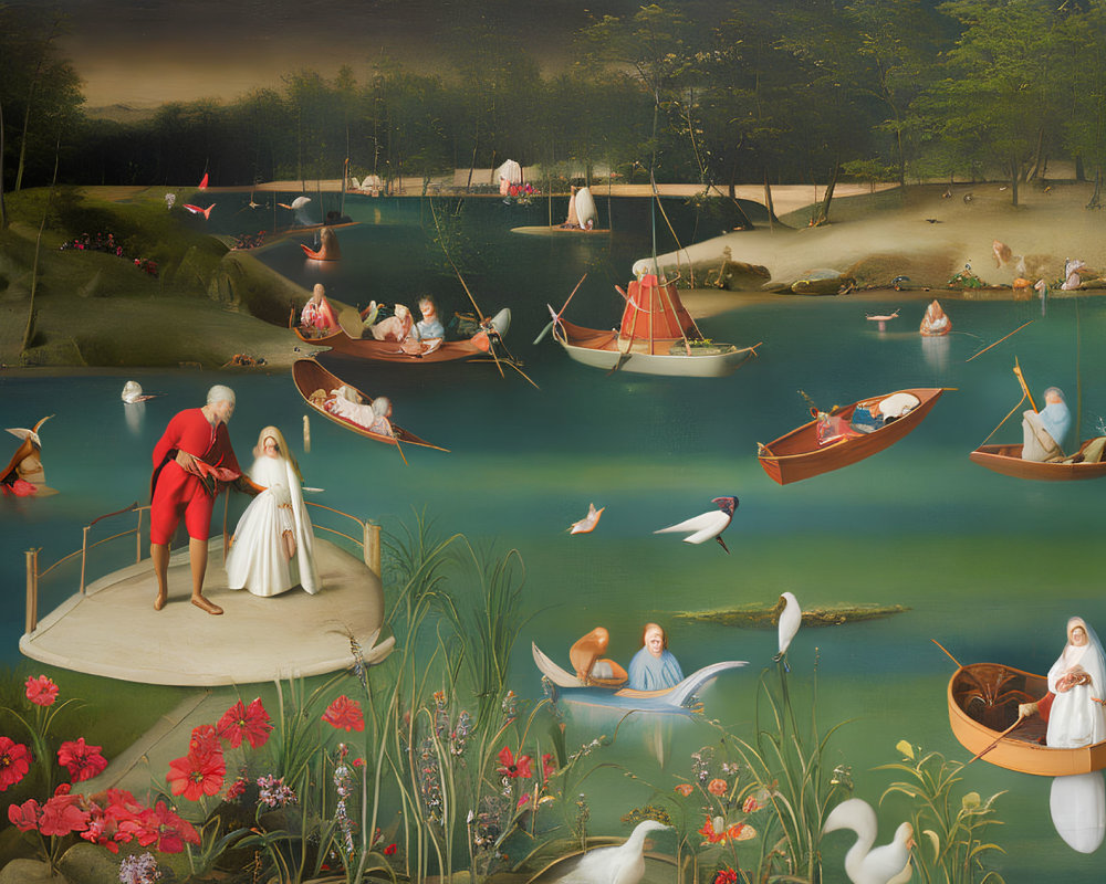 Surrealistic landscape with figures in boats, vibrant flowers, birds, and dreamlike atmosphere