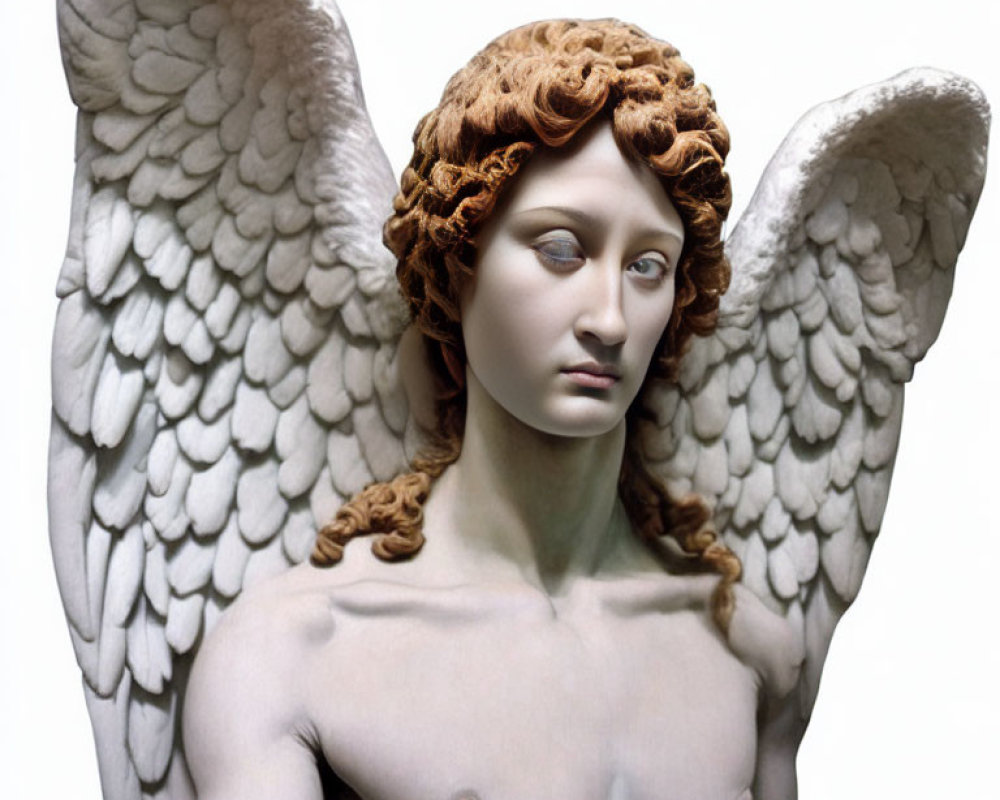 Detailed sculpture of angel with curly hair and large feathered wings