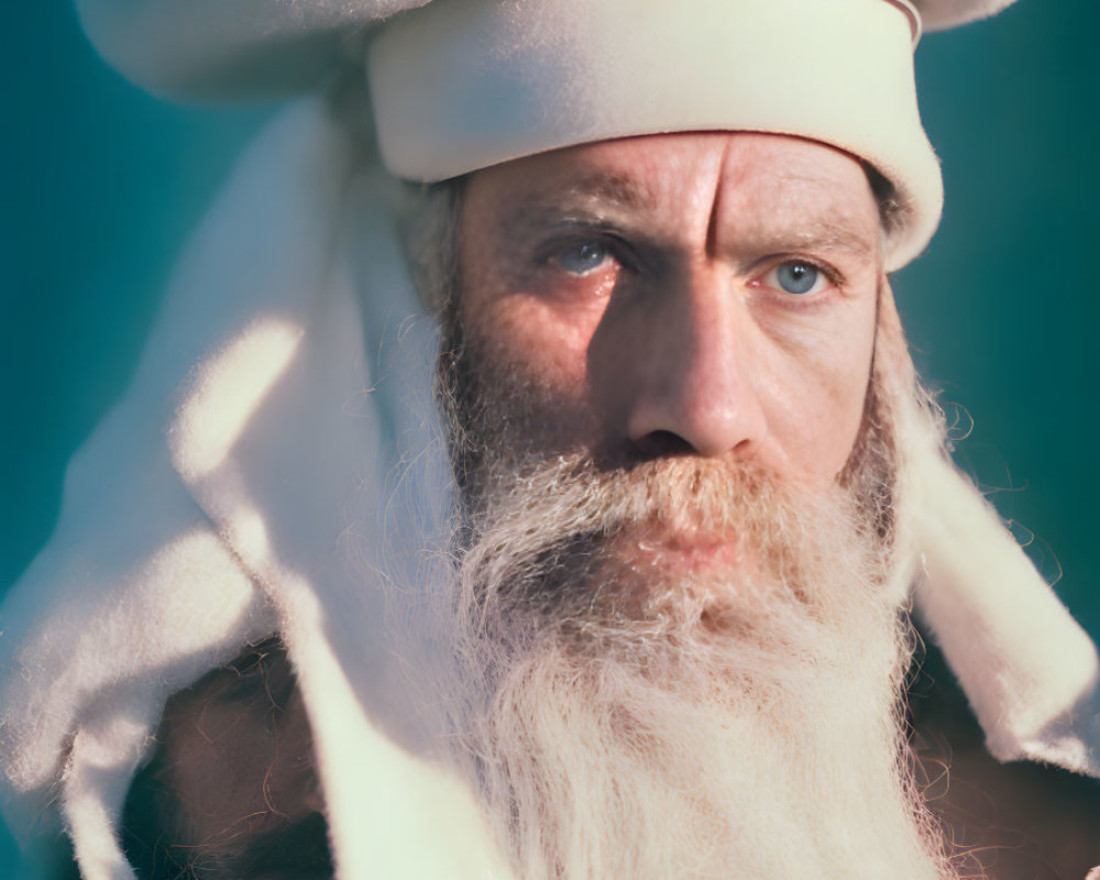 Elderly man in white costume with long beard against blue background