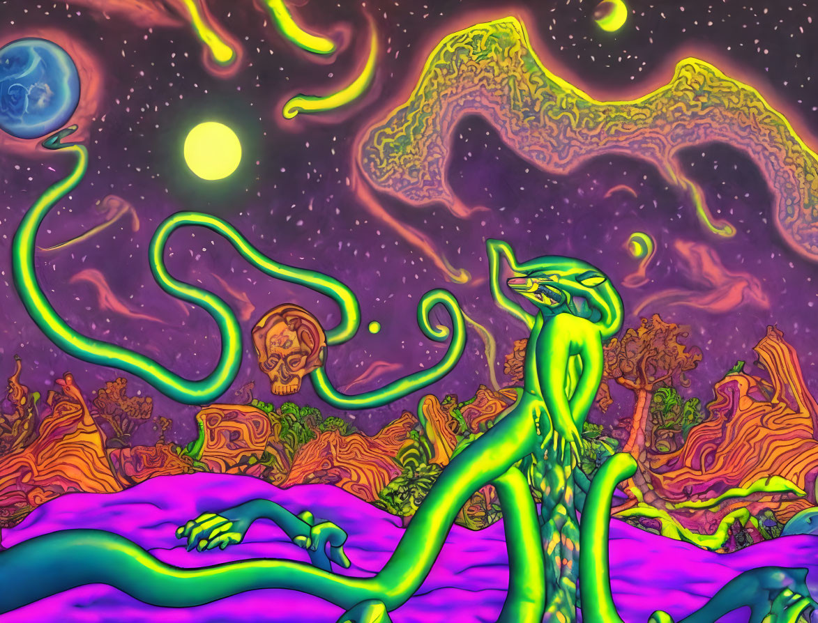 Colorful Psychedelic Landscape with Green Alien Creature