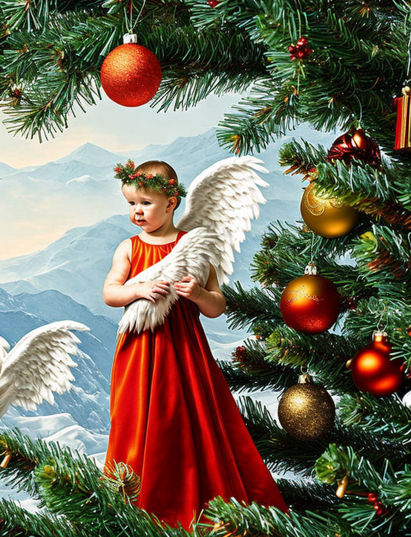 Child in angel costume by Christmas tree with red and gold ornaments and mountain view