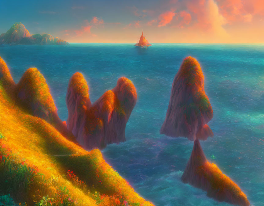 Colorful fantasy seascape with flower-covered cliffs and sailing ship at sunset