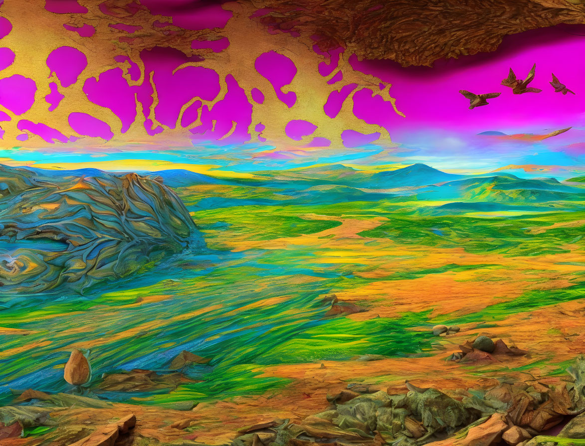 Vivid surreal landscape with undulating hills and psychedelic sky