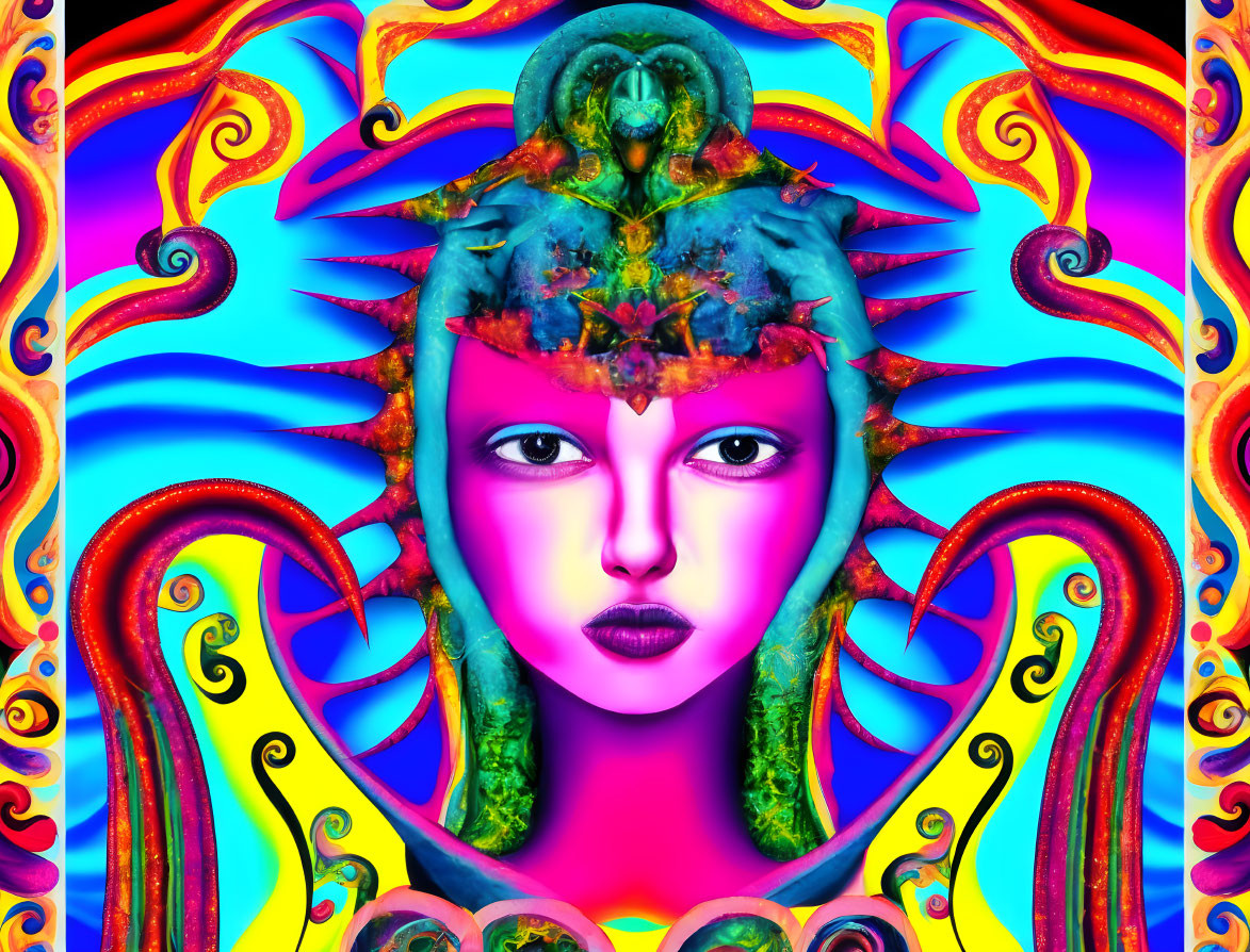 Symmetrical psychedelic digital art with central female face and colorful swirling patterns