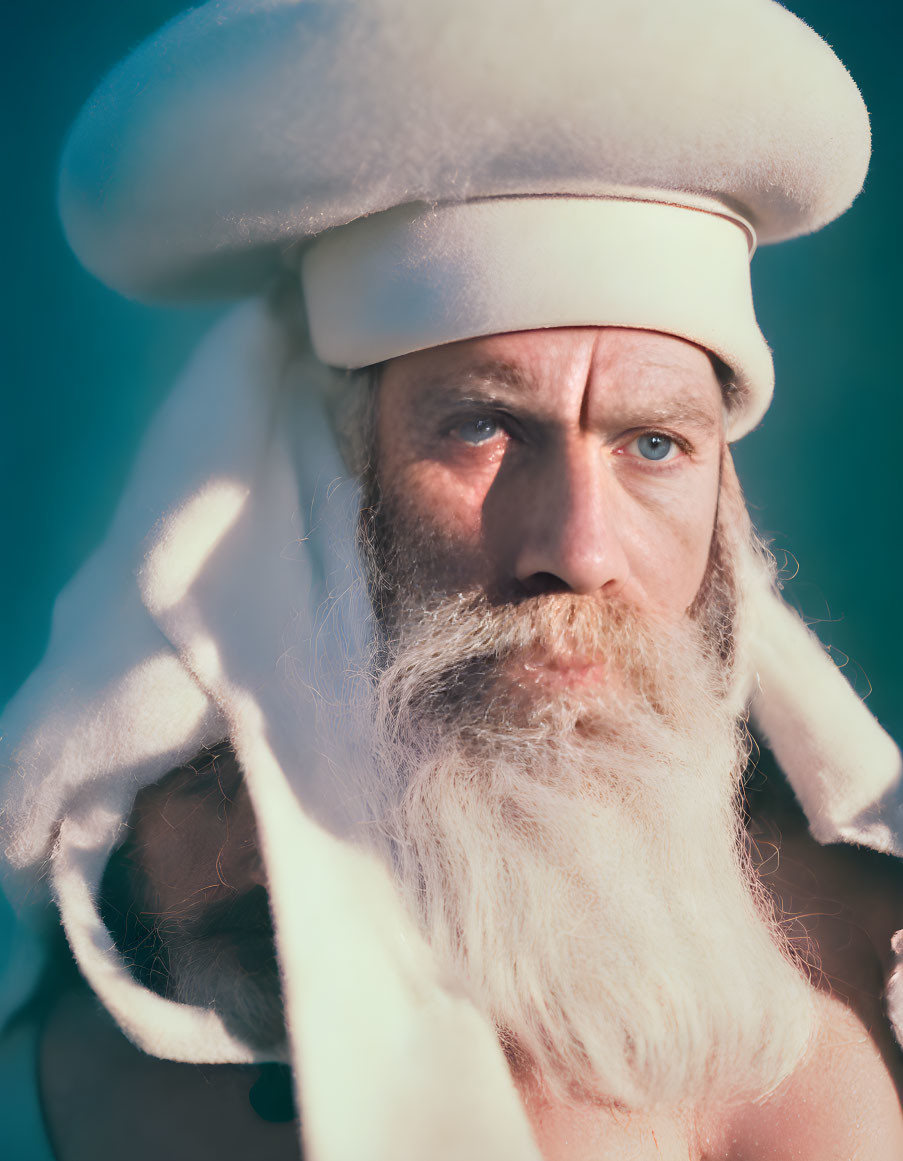 Elderly man in white costume with long beard against blue background