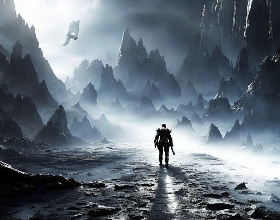 Astronaut walking towards towering mountains on foggy alien planet