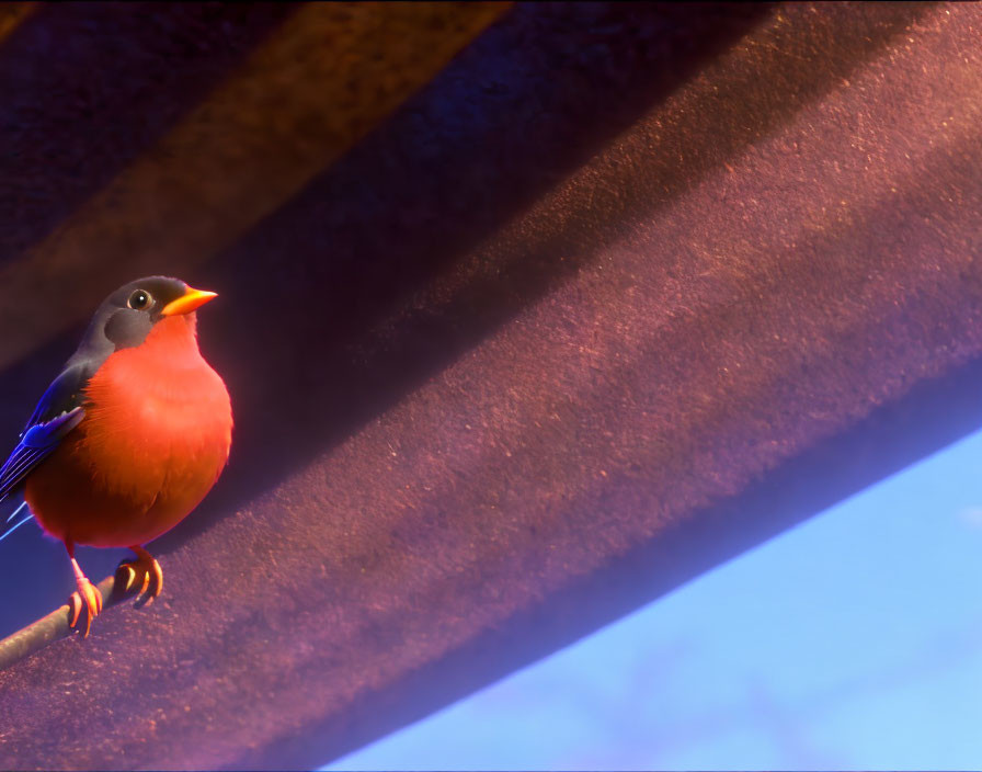 Colorful Bird Perched on Twig Under Purple Beams