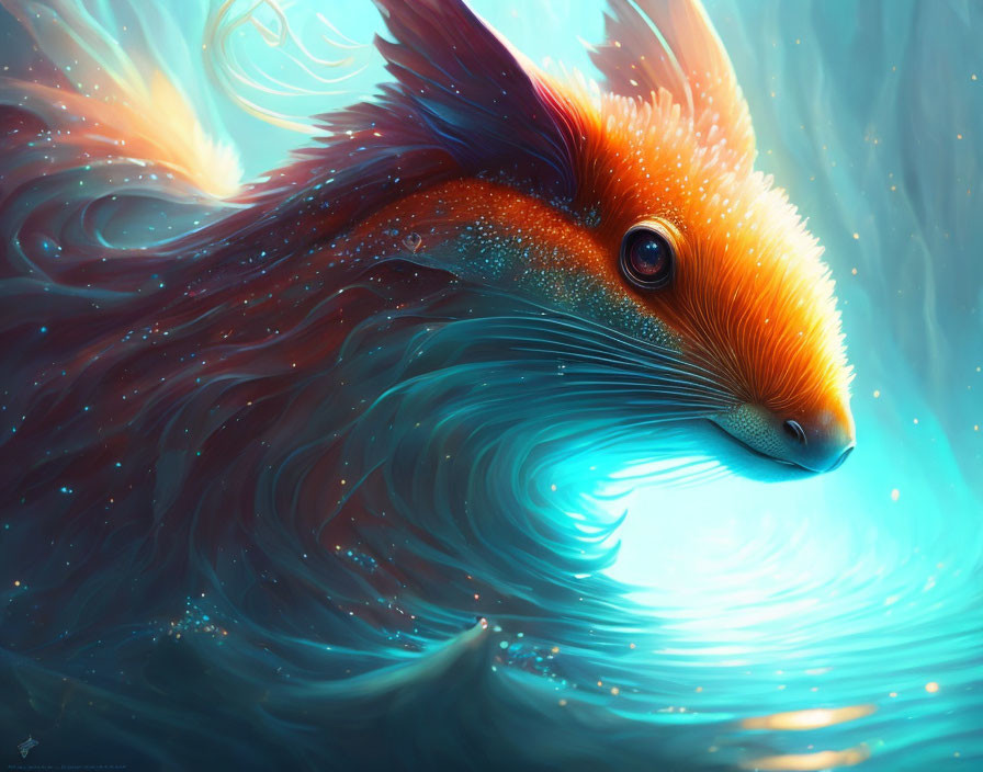 Vibrant orange fox with flowing mane in deep blue sea