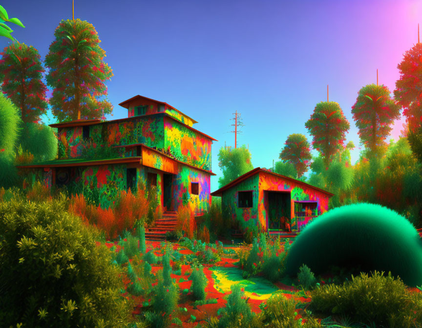 Colorful surreal landscape with fluorescent house and psychedelic vegetation