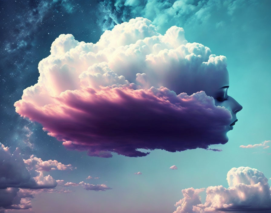 Surreal profile of woman's face merged with cloud in dreamy sky