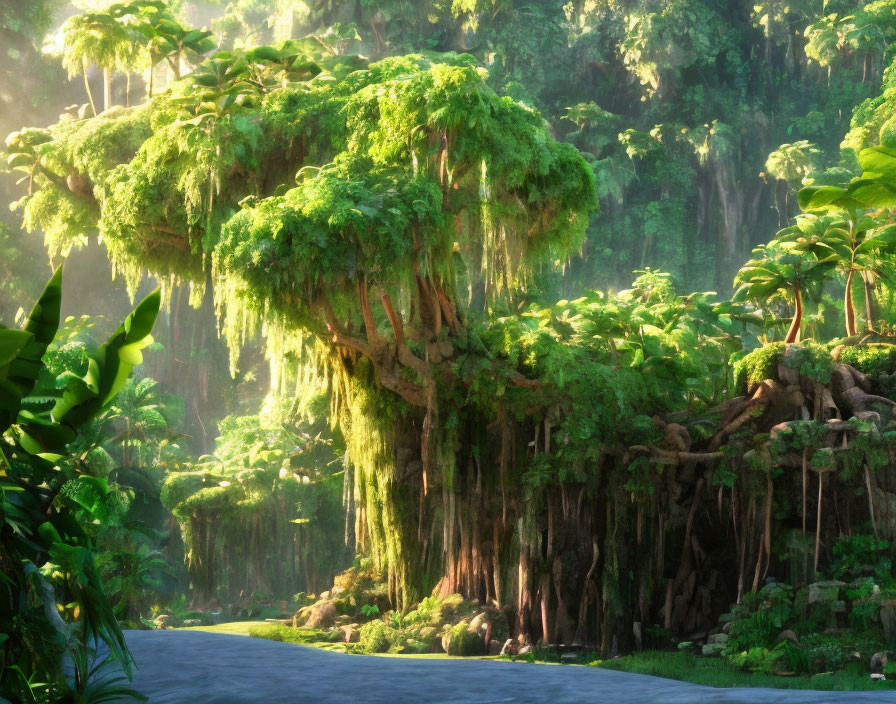 Misty green forest with serene river and moss-covered trees