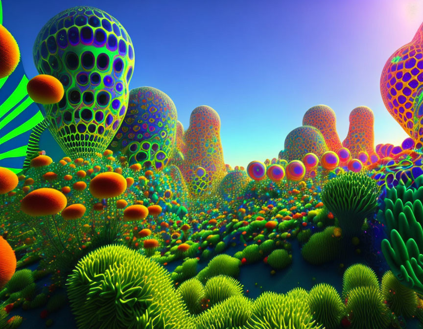 Colorful Psychedelic Landscape with Spherical Shapes Against Blue Sky