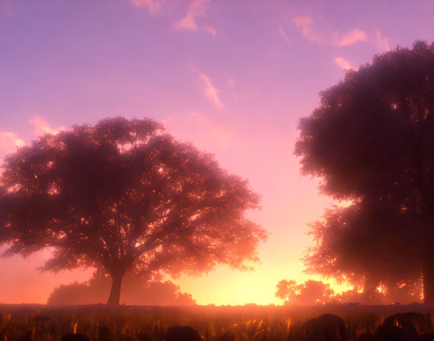 Tranquil sunset scene with golden hues over field and silhouetted trees