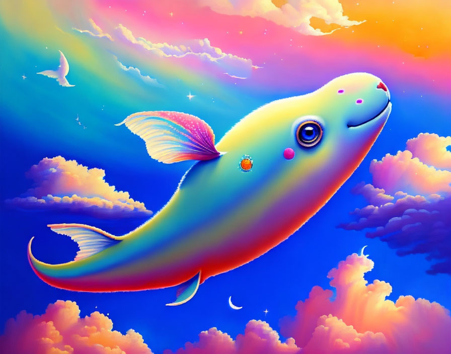 Colorful Flying Fish Illustration in Surreal Sky