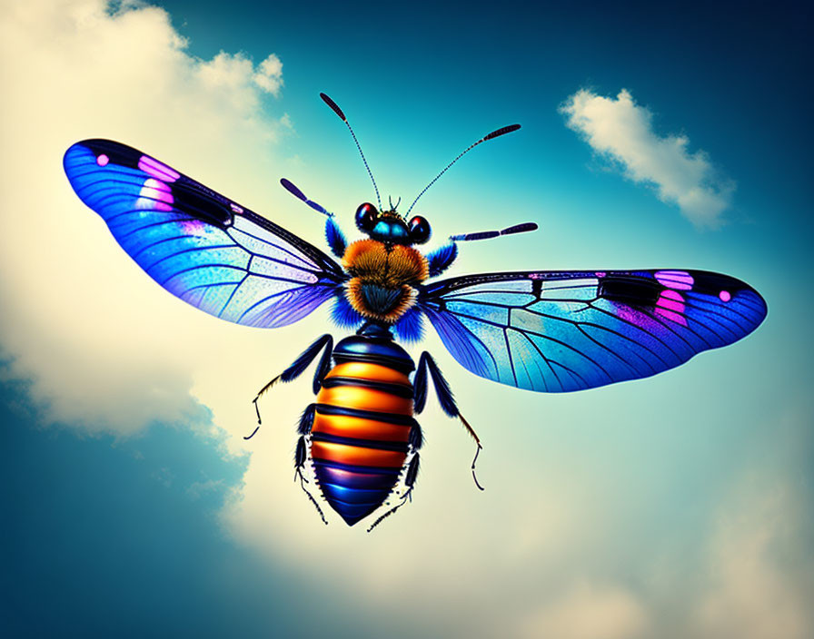 Colorful bee with large wings against blue sky