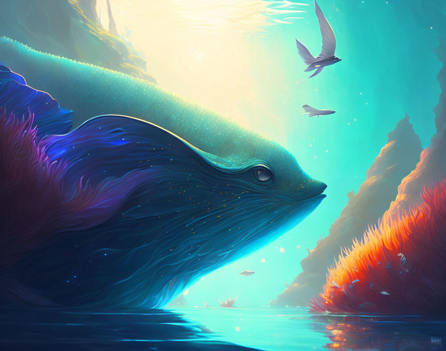 Majestic blue whale in vibrant underwater scene