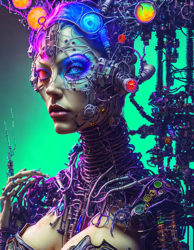 Cybernetic woman with mechanical parts against futuristic backdrop