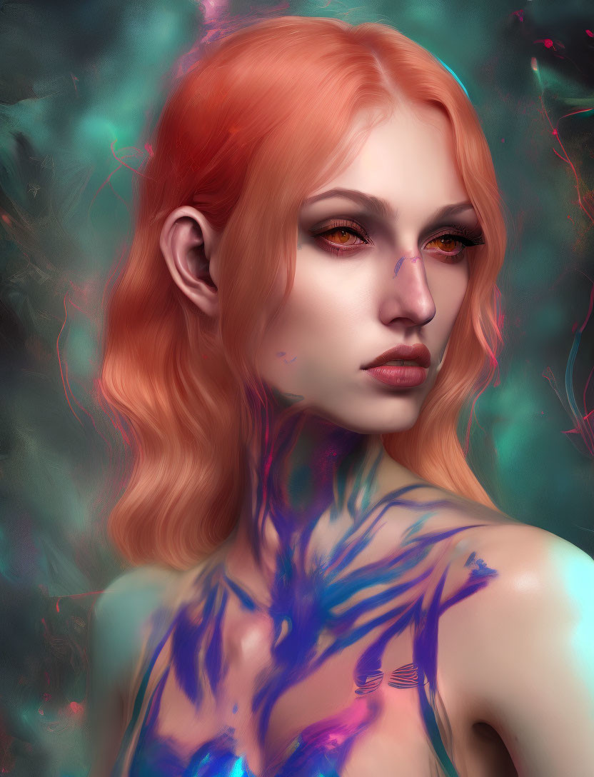 Vibrant digital portrait of a woman with red hair and colorful body art