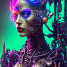 Cybernetic woman with mechanical parts against futuristic backdrop