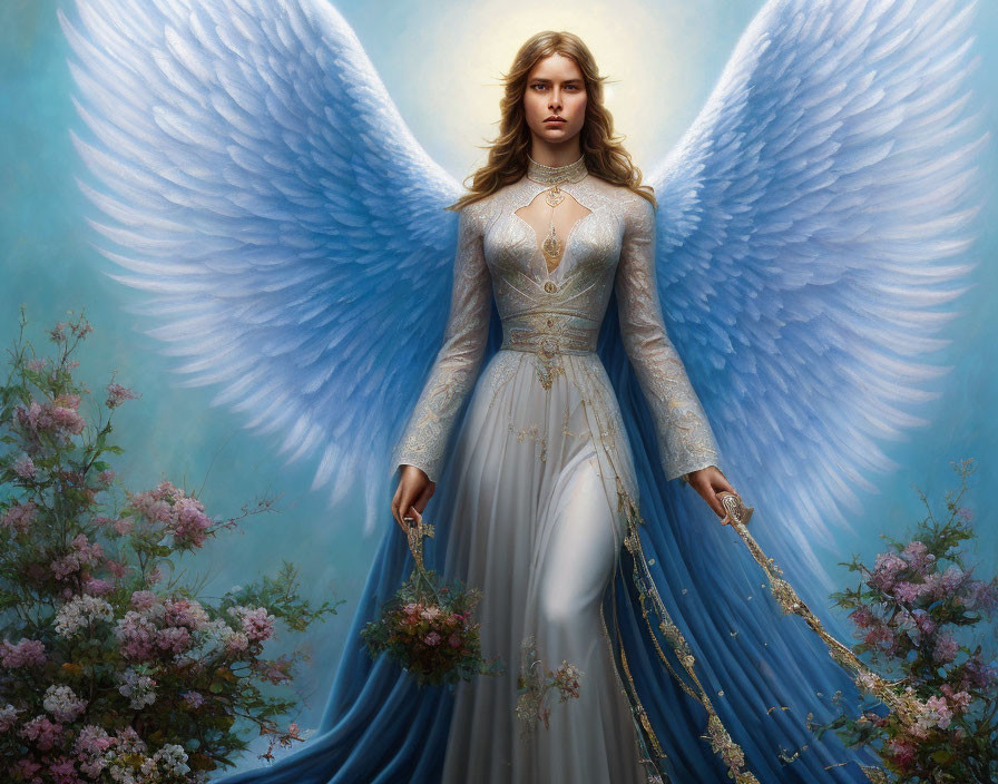 Angel with expansive wings in blue gown among blooming flowers