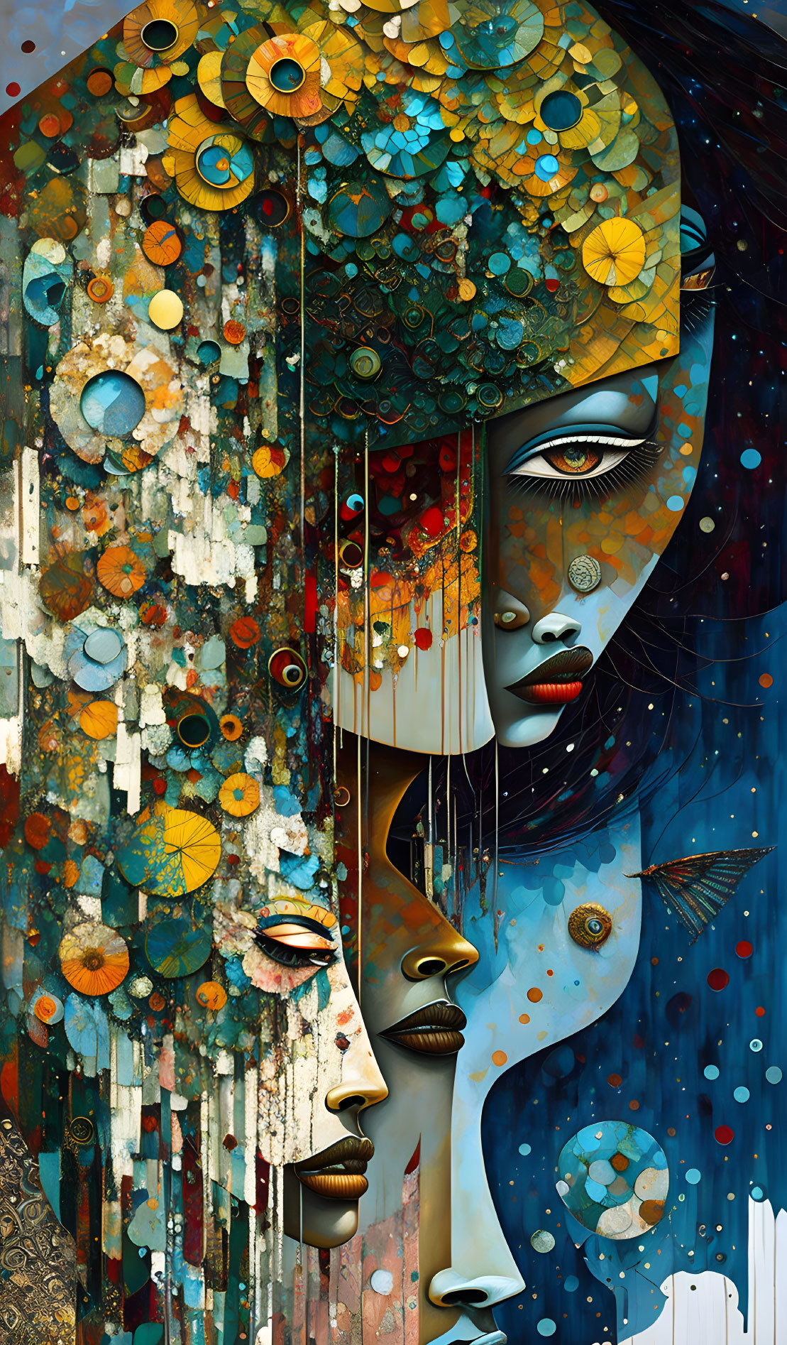 Vibrant composite artwork of stylized female faces with celestial and mechanical elements