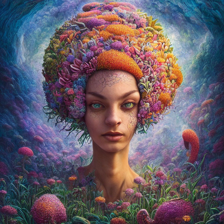 Colorful surreal portrait: Woman with coral reef hair in underwater scene