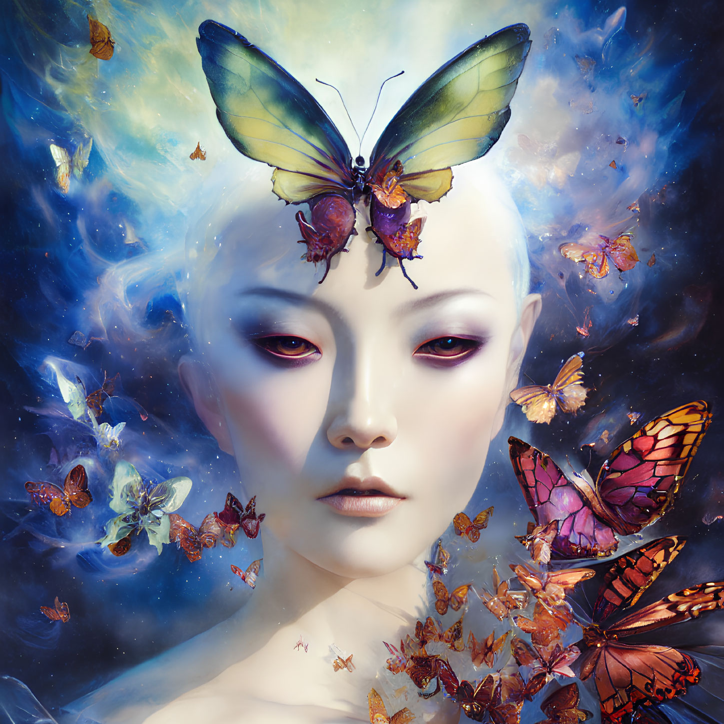 Surreal portrait of figure with pale skin and purple eyes surrounded by vibrant butterflies on cosmic background