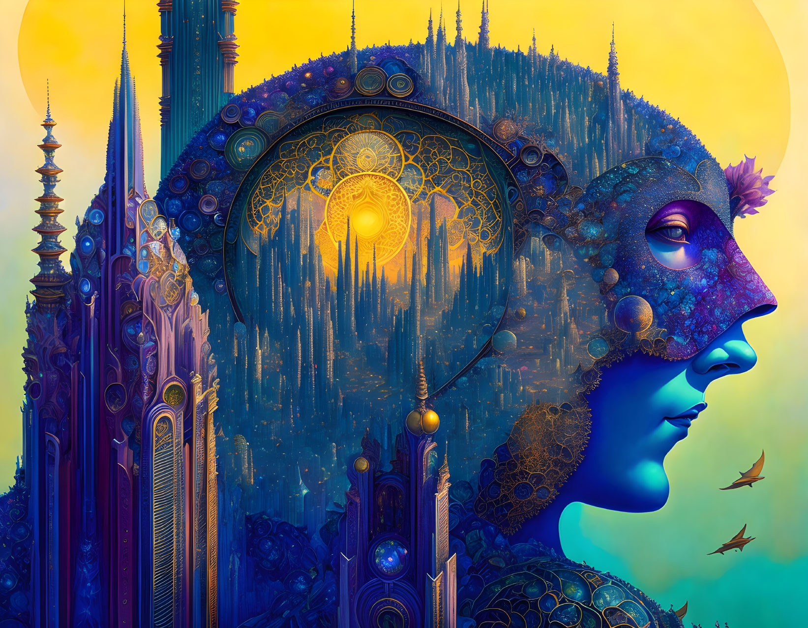 Profile face merged with fantasy cityscape and golden sun motif art.