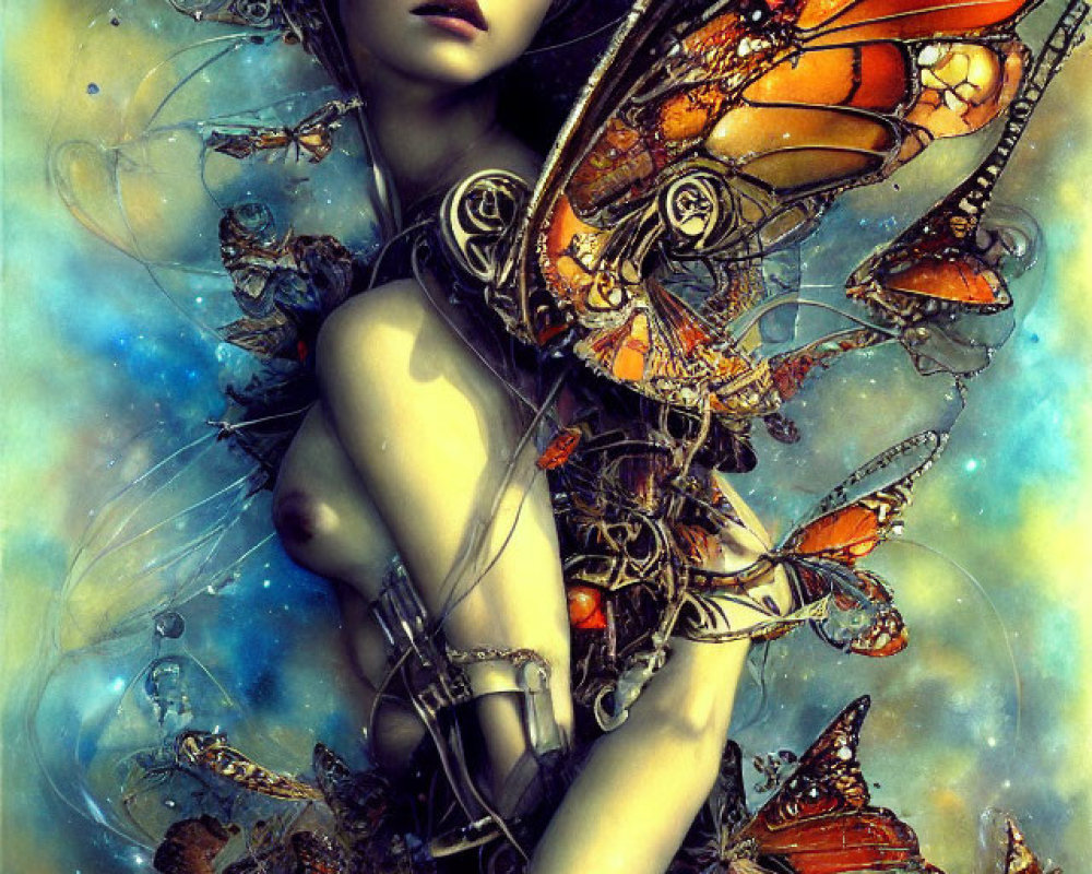 Cyborg fairy with butterfly wings in cosmic setting